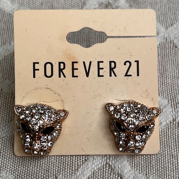 Forever 21 Pave Panther Earrings Gold Tone Black Clear Rhinestones NWT - Picture 3 of 5